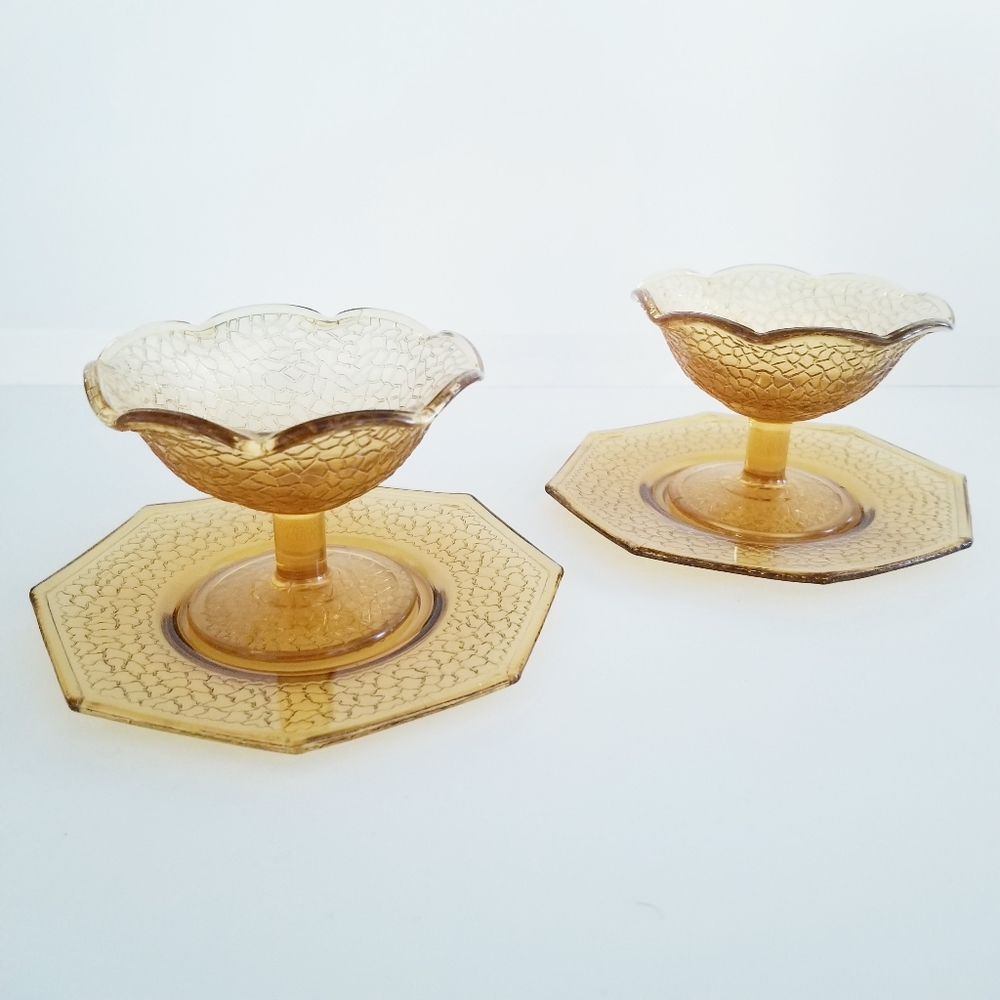 Amber Honey Yellow Depression Glass Glassware Stemmed Dessert Bowl Cup Saucers